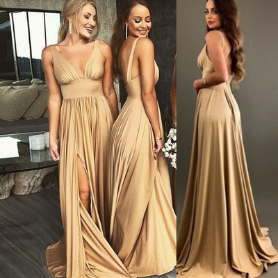 Deep v neck gold bridesmaid dresses - Thumbnail 3