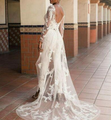New Style Pant Suit Wedding Dresses with Long Sleeves Wraps Lace Applique Sweetheart Bride Party Wedding Gowns Three-Pieces，992