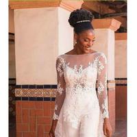 New Style Pant Suit Wedding Dresses with Long Sleeves Wraps Lace Applique Sweetheart Bride Party Wedding Gowns Three-Pieces，992 - Thumbnail 2
