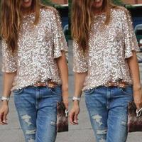Short Sleeve Loose Sequined T-Shirt - Thumbnail 1