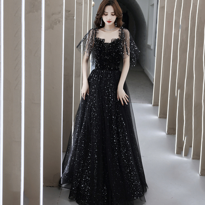 Black tulle long a line prom dress evening dress - Thumbnail 4
