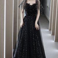 Black tulle long A line prom dress evening dress - Thumbnail 5