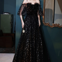 Black tulle long A line prom dress evening dress - Thumbnail 2