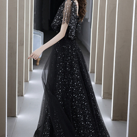 Black tulle long A line prom dress evening dress - Thumbnail 4
