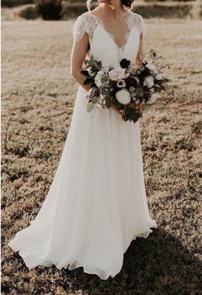 Boho A Line Chiffon Wedding Dresses Garden Cap Sleeve Lace Bridal Gowns,994