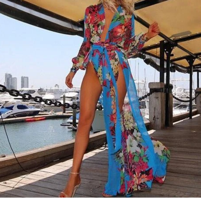 Long Sleeve Women Chiffon Deep V Beach Dress