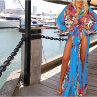 Long Sleeve Women Chiffon Deep V Beach Dress - Thumbnail 2