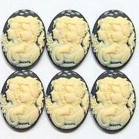 6 of 25x18 mm Vintage Sisters /Mother or Daughter Cameos Cream over Black Very Pretty, Old Stock - Thumbnail 1
