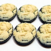 6 of 25x18 mm Vintage Sisters /Mother or Daughter Cameos Cream over Black Very Pretty, Old Stock - Thumbnail 2