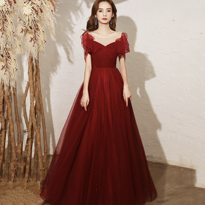 Burgundy tulle long a line prom dress evening dress - Thumbnail 3