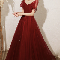 Burgundy tulle long A line prom dress evening dress - Thumbnail 1
