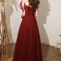 Burgundy tulle long A line prom dress evening dress - Thumbnail 2