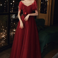 Burgundy tulle long A line prom dress evening dress - Thumbnail 3