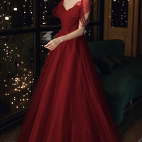 Burgundy tulle long A line prom dress evening dress - Thumbnail 4