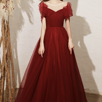 Burgundy tulle long A line prom dress evening dress - Thumbnail 6
