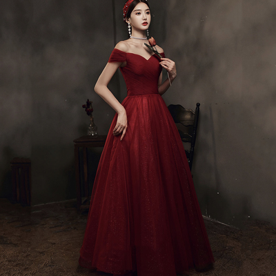 Burgundy tulle long a line prom dress evening dress - Thumbnail 1