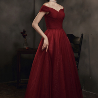 Burgundy tulle long A line prom dress evening dress - Thumbnail 1