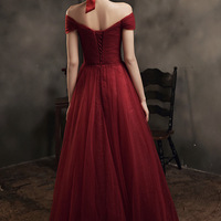 Burgundy tulle long A line prom dress evening dress - Thumbnail 3