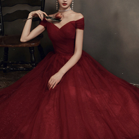 Burgundy tulle long A line prom dress evening dress - Thumbnail 4