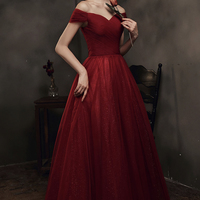 Burgundy tulle long A line prom dress evening dress - Thumbnail 7