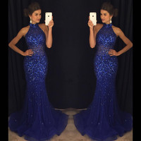 Navy Blue High Neck Prom Dresses, Rhinestone Prom Dresses, Sexy Mermaid Prom Dresses, Tulle Prom Dresses,494 - Thumbnail 2