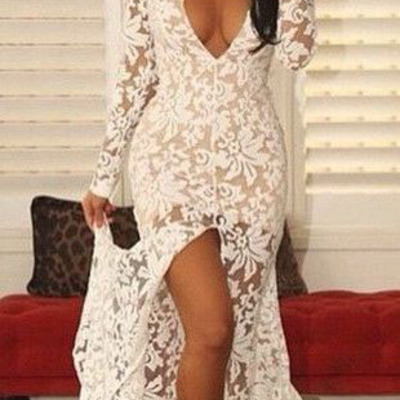 Deep v-neck prom dress,lace prom dress,white prom dress,slit prom dress,long sleeve prom dress,sexy prom dress,evening dress,495 - Thumbnail 3