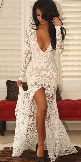 Deep v-neck prom dress,lace prom dress,white prom dress,slit prom dress,long sleeve prom dress,sexy prom dress,evening dress,495