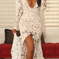 Deep v-neck prom dress,lace prom dress,white prom dress,slit prom dress,long sleeve prom dress,sexy prom dress,evening dress,495 - Thumbnail 1