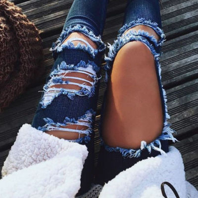 Women high waist ripped jeans skinny hole denim pants - Thumbnail 4