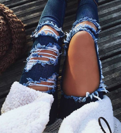 Women High Waist Ripped Jeans Skinny Hole Denim Pants