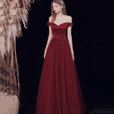 Burgundy tulle long a line prom dress evening dress - Thumbnail 2
