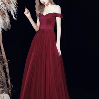 Burgundy tulle long A line prom dress evening dress - Thumbnail 2