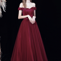 Burgundy tulle long A line prom dress evening dress - Thumbnail 3