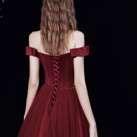 Burgundy tulle long A line prom dress evening dress - Thumbnail 4