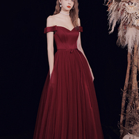 Burgundy tulle long A line prom dress evening dress - Thumbnail 5