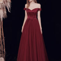 Burgundy tulle long A line prom dress evening dress - Thumbnail 6