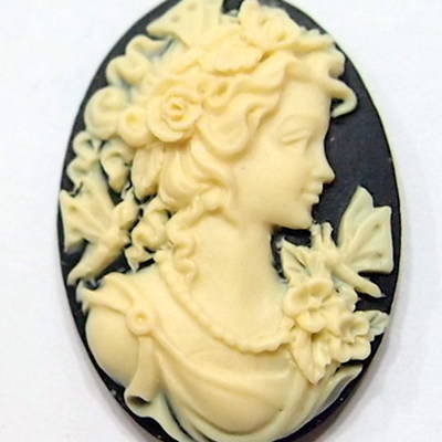 6 of 25x18 mm classic grecian woman cameos with butterfly and pearl necklace, cream over black pretty