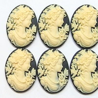 6 of 25x18 mm Classic Grecian Woman Cameos with Butterfly and Pearl Necklace, Cream over Black Pretty - Thumbnail 1