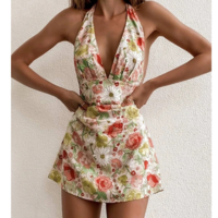 Sexy V-Neck Backless Floral Dress - Thumbnail 1