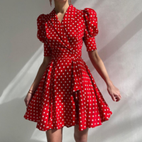 High Waist V-Neck Short Sleeve Temperament Dress - Thumbnail 1