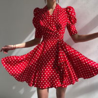 High Waist V-Neck Short Sleeve Temperament Dress - Thumbnail 3