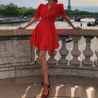 High Waist V-Neck Short Sleeve Temperament Dress - Thumbnail 2