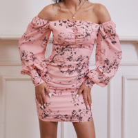 Long Sleeve Puff Sleeve Floral High Waist Dress - Thumbnail 1