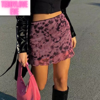 Cute Sexy 90s Retro Vintage Tie Dye Mesh Ruffle Trim A-line Mini High Waisted Skirt Aesthetic Goth E-Girl Kawaii Korean Japanese Harajuku Streetwear