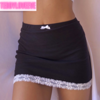 Cute Sexy 90s Vintage Sweet Bow Lace Trim Solid Black High Waisted Mini Skirt Bottoms Aesthetic Goth E-Girl Kawaii Korean Japanese Harajuku Streetwear - Thumbnail 2