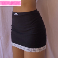 Cute Sexy 90s Vintage Sweet Bow Lace Trim Solid Black High Waisted Mini Skirt Bottoms Aesthetic Goth E-Girl Kawaii Korean Japanese Harajuku Streetwear - Thumbnail 3