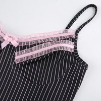 Cute Sexy 90s Black Pink Lace Trim Striped V Neck Mini Dress Dark Academia Aesthetic Goth E-Girl Kawaii Korean Japanese Harajuku Streetwear - Thumbnail 6