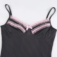 Cute Sexy 90s Black Pink Lace Trim Striped V Neck Mini Dress Dark Academia Aesthetic Goth E-Girl Kawaii Korean Japanese Harajuku Streetwear - Thumbnail 7