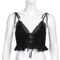 Sexy Lace Frill Bow Tie Up V Neck Crop Top Sleeveless Camisole Spaghetti Strap Club Aesthetic Goth E-Girl Kawaii Korean Japanese Harajuku Streetwear - Thumbnail 5