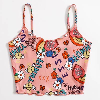 Cute Comic Flower Graphic Print Tank Crop Top Camisole Sleeveless Shirt Summer Casual Aesthetic Goth E-Girl Kawaii Korean Japanese Harajuku Streetwear